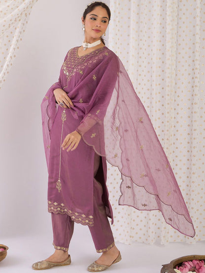 Dhiyona IE Floral Embroidered Zari Straight Kurta With Trousers & Dupatta