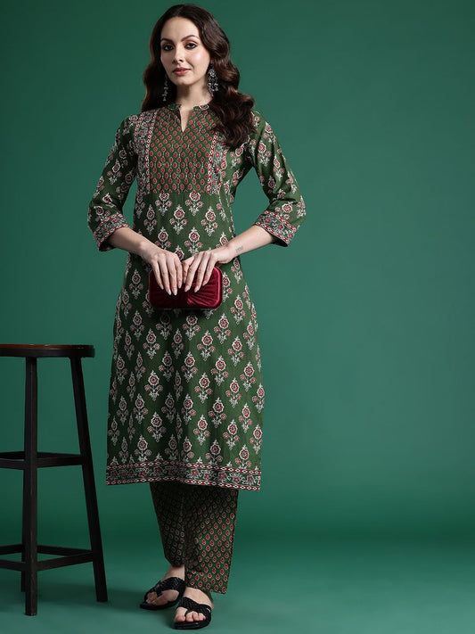Dhiyona IE Ethnic Motifs Printed Pure Cotton Kurta with Trousers