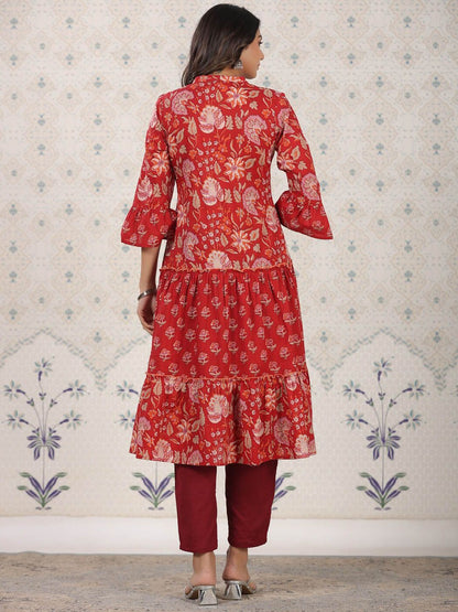 Dhiyona OD  Ethnic Motifs Printed Bell Sleeves A-Line Cotton Kurta