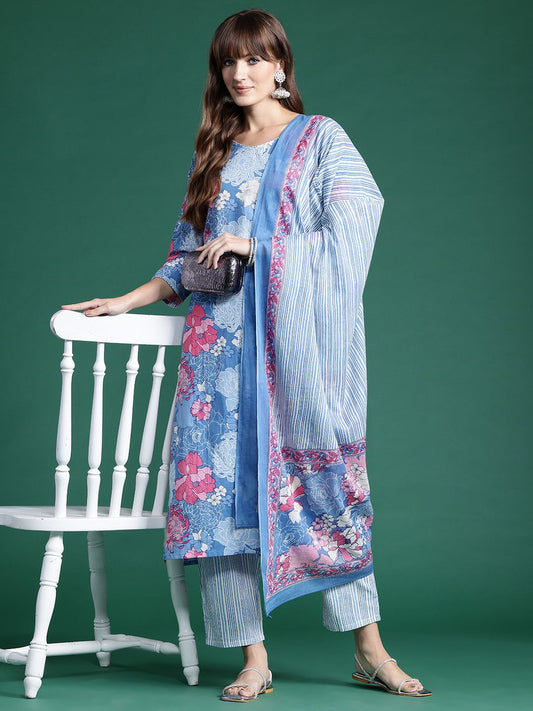 Dhiyona IE Floral Printed Pure Cotton Kurta With Trousers & Dupatta