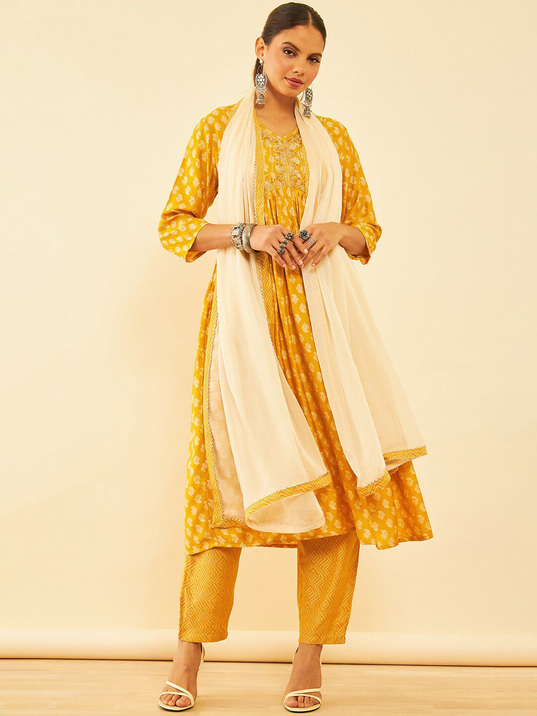 Dhiyona SO Women's Mustard Yellow Floral Printed Sequinned A-Line Kurta with Trousers & Dupatta