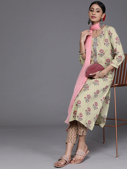 Dhiyona VA Women's Green & Pink Floral Printed Pure Cotton Kurta with Trousers & Dupatta