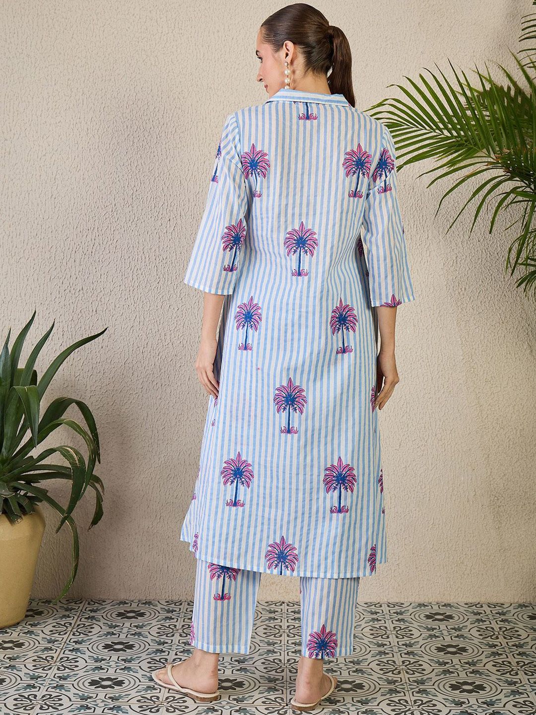 Dhiyona IE Striped Shirt Collar A-Line Pure Cotton Kurta & Trousers