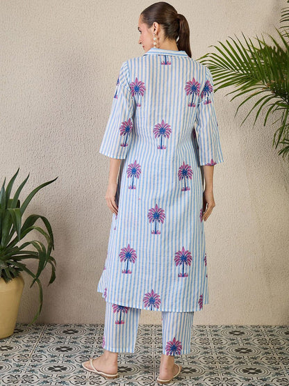 Dhiyona IE Striped Shirt Collar A-Line Pure Cotton Kurta & Trousers