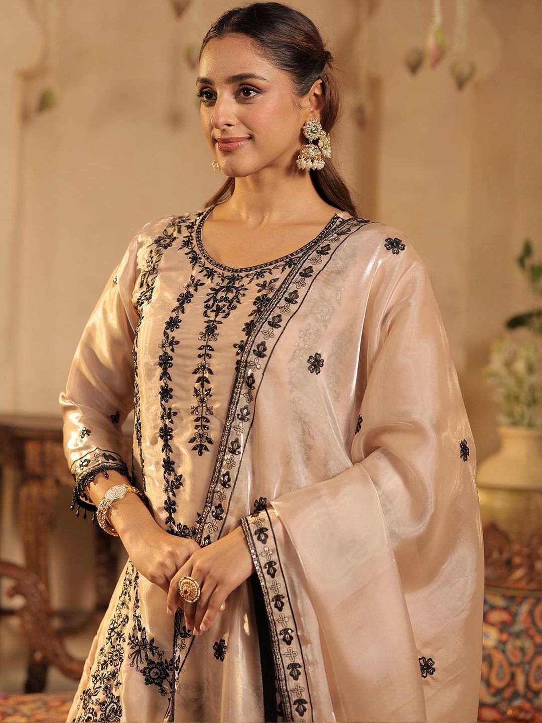 Women Ethnic Motifs Embroidered Regular Beads and Stones Kurta Set With Dupatta