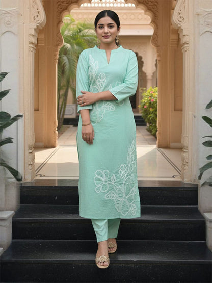Floral Embroidered Thread Work Pure Cotton Kurta With Trousers