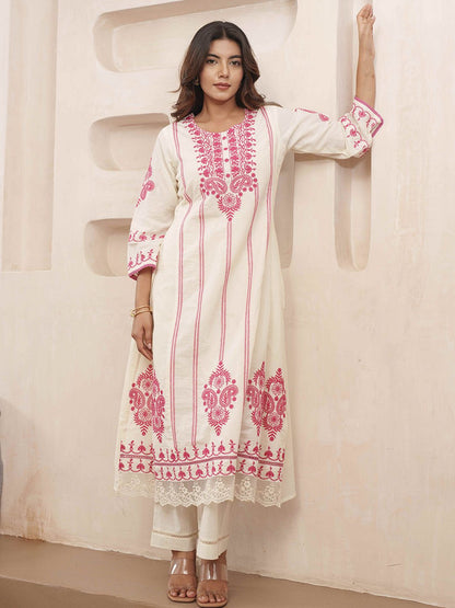 Dhiyona PD Women Floral Embroidered Pure Cotton Kurta & Trousers With Dupatta