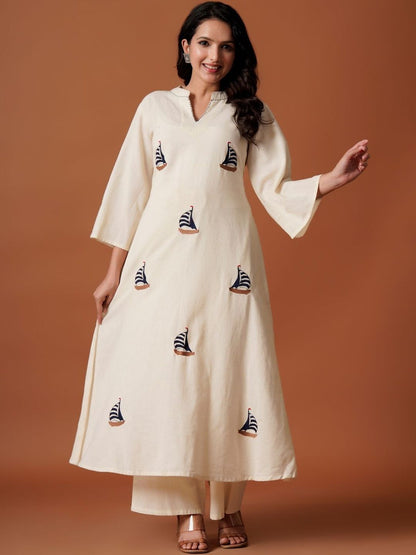 Women Embroidered A-Line Thread Work Pure Cotton Kurta with Palazzos