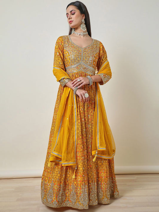 Dhiyona SO Women's Women Floral Printed Empire Sequinned Kurta with Churidar & With Dupatta