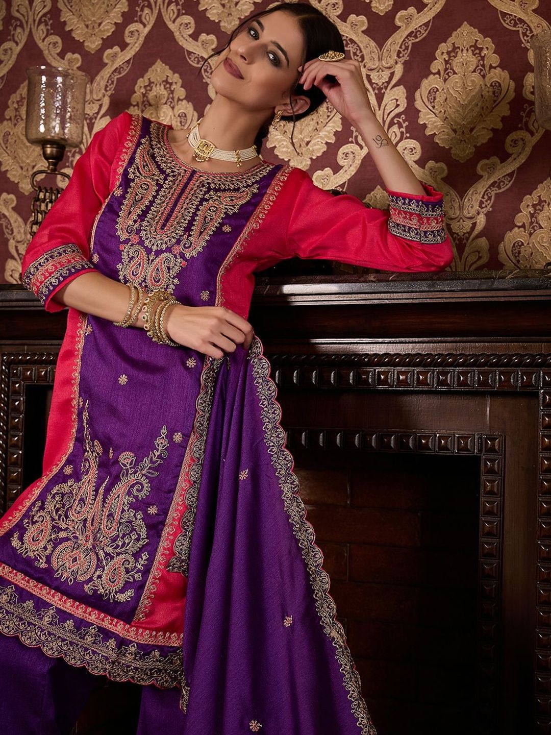 Dhiyona CH Ethnic Motifs Embroidered Thread Work Kurta With Palazzos & Dupatta