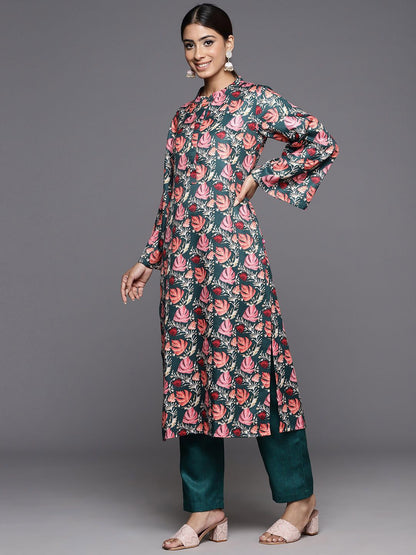 Dhiyona VA Women'sFloral Printed Mandarin Collar Kurta With Trousers & Dupatta