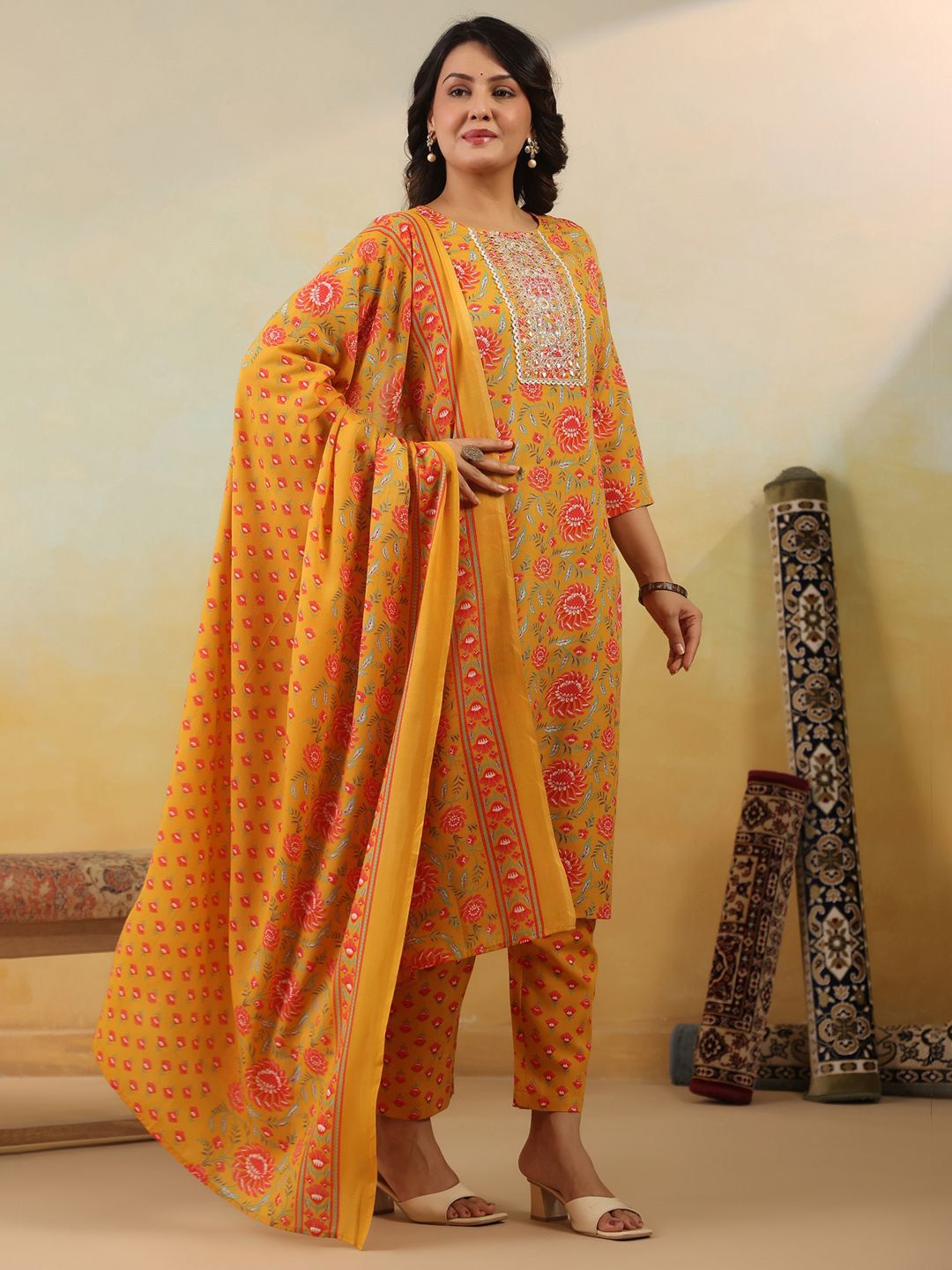 Floral Embroidered Regular Kurta With Trousers & Dupatta
