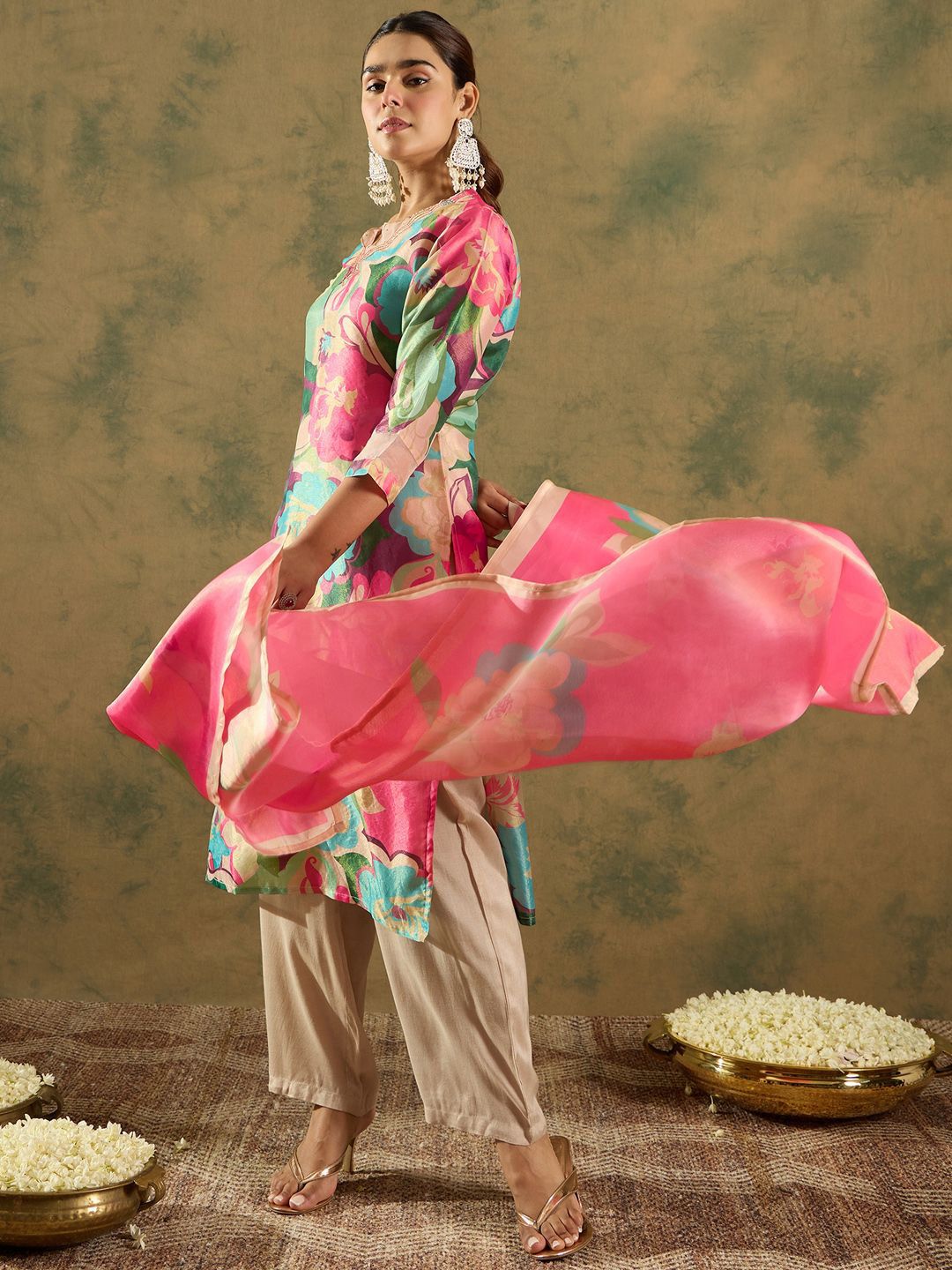 Floral Printed V-Neck Kurta with Trouser & Dupatta