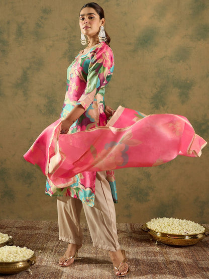 Floral Printed V-Neck Kurta with Trouser & Dupatta
