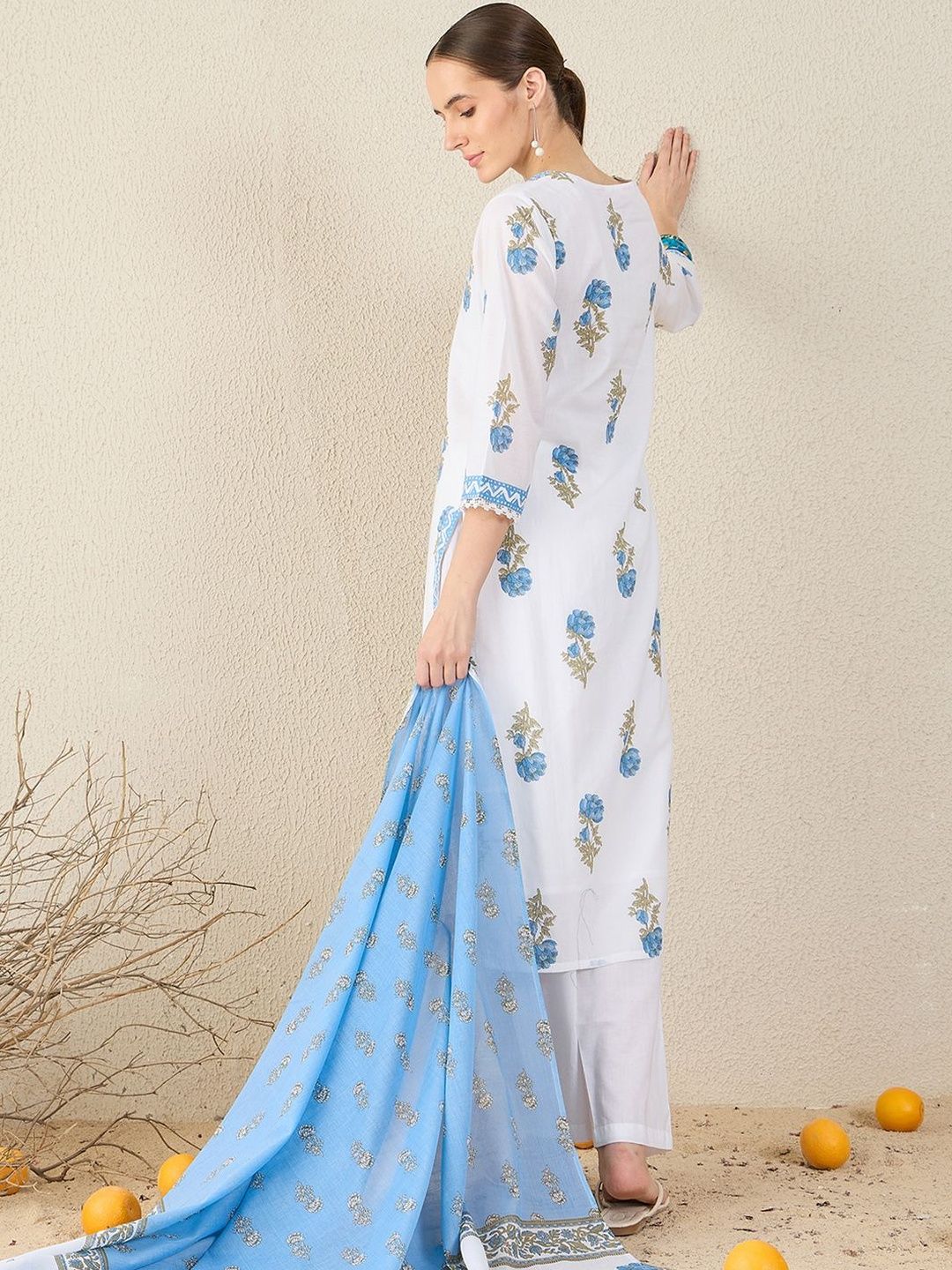 Floral Printed V-Neck Sequinned Pure Cotton Straight Kurta & Trouser With Dupatta