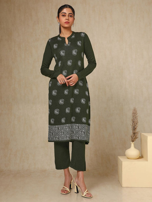 Dhiyona SO Women's Olive Green Paisley Woven Design Mandarin Collar Acrylic Straight Kurta With Trouser