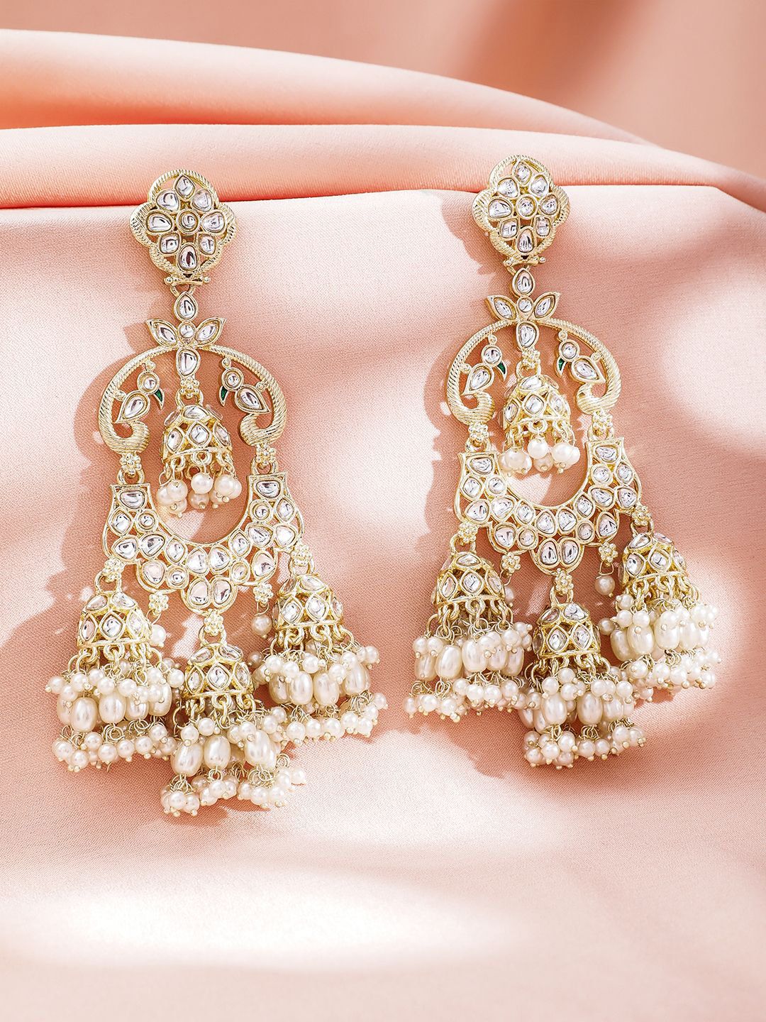 Dhiyona RJ Women's 22K Gold-Plated Kundan & Pearl Studded Oversized Dangle Jhumka Earrings