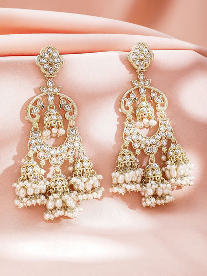 Dhiyona RJ Women's 22K Gold-Plated Kundan & Pearl Studded Oversized Dangle Jhumka Earrings