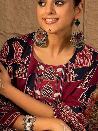 Printed Straight Kurta & Trousers With Dupatta set