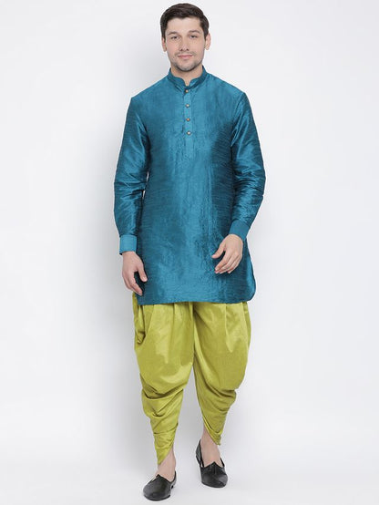 Men's Dark Green Silk Blend Pathani Kurta and Dhoti Set