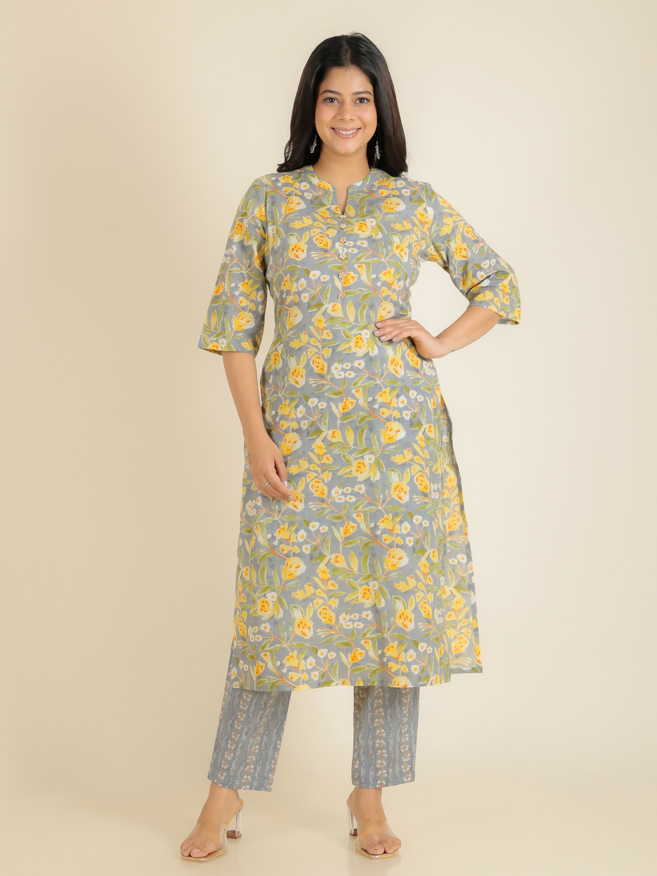 Women's Straight Soft Cotton Floral Print Women's Kurta Set - Grey