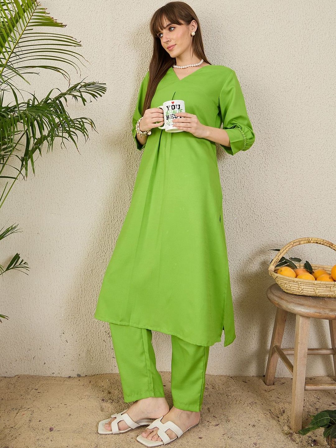 Women Solid A-Line Kurta with Trousers