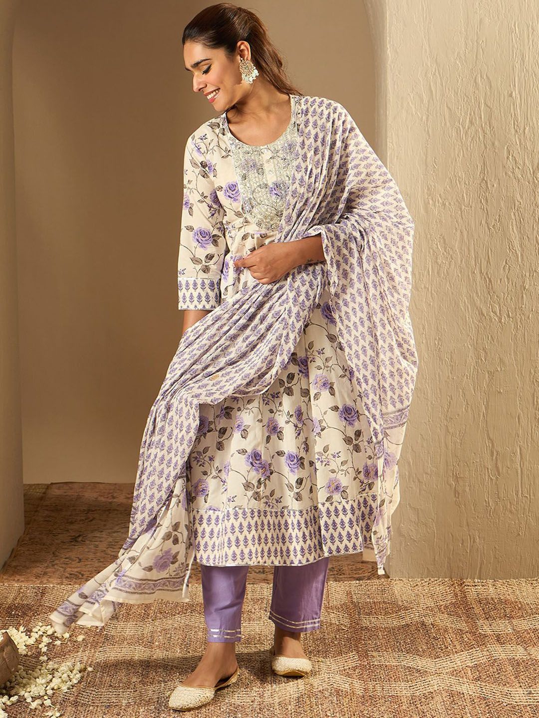 Dhiyona IE Floral Printed A-Line Sequinned Pure Cotton Kurta with Trousers & Dupatta