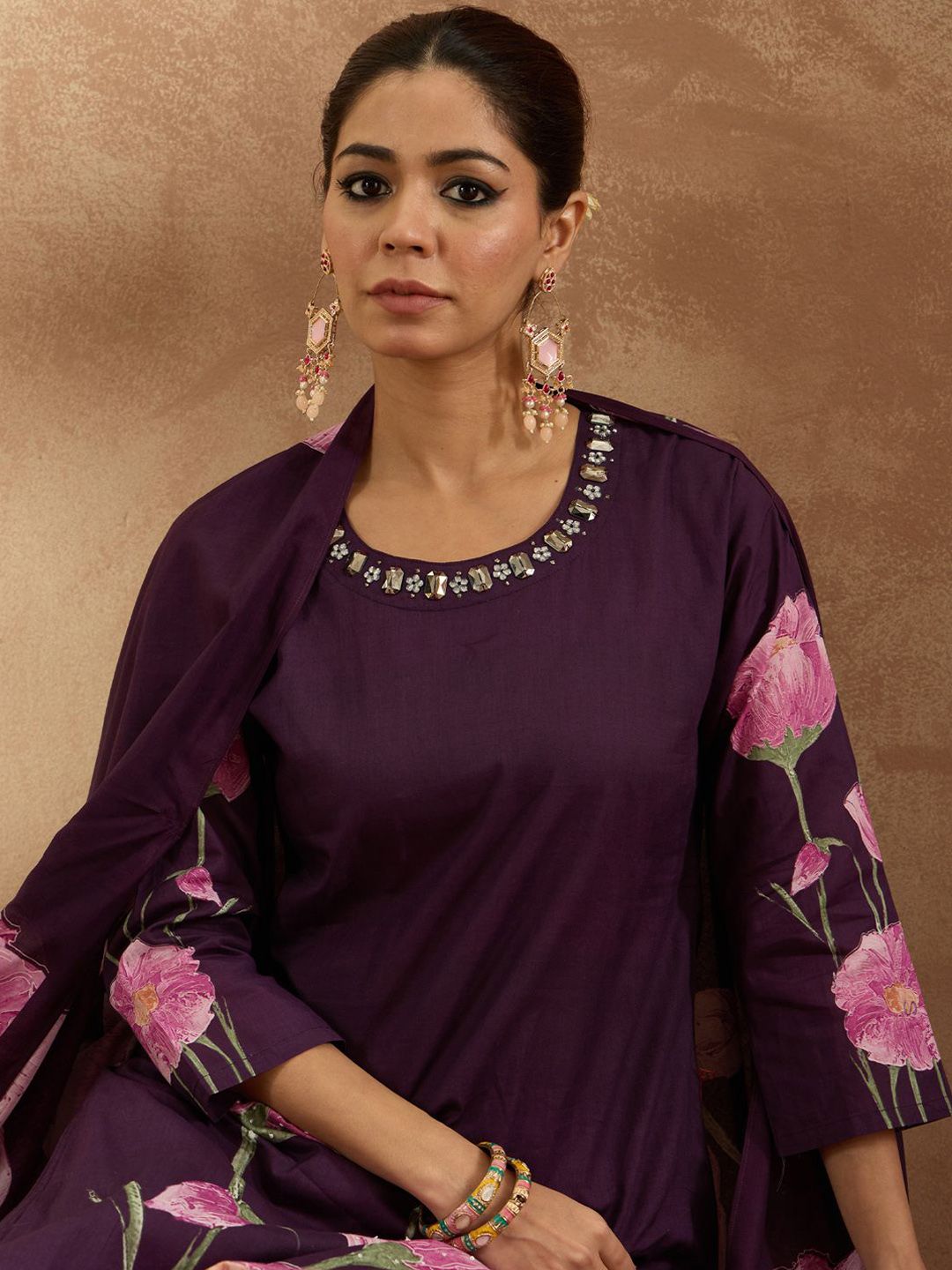Dhiyona IE Women Floral Printed Regular Pure Cotton Kurta with Trousers & With Dupatta