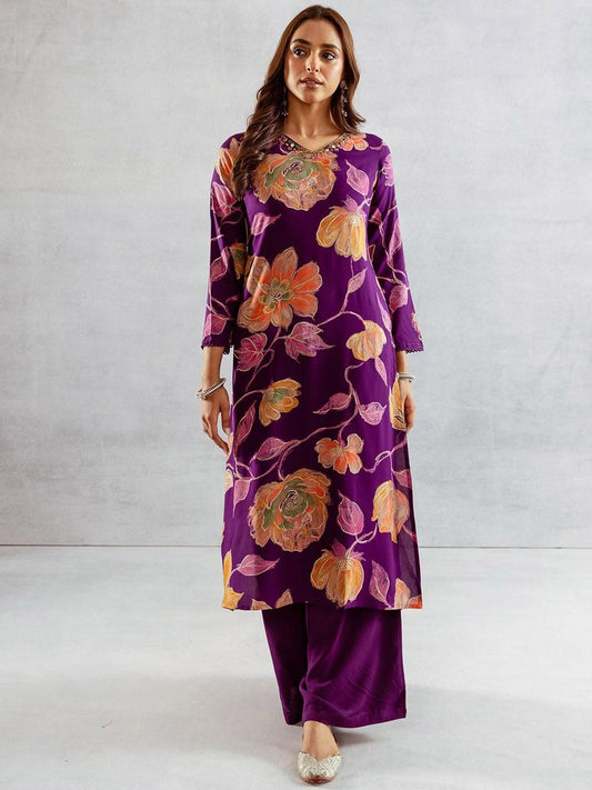 Dhiyona IS Women's Floral Printed V-neck Straight Kurta & Palazzos