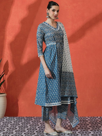 Dhiyona SN Women's Floral Embroidered A-Line Pure Cotton Kurta With Trousers & Dupatta
