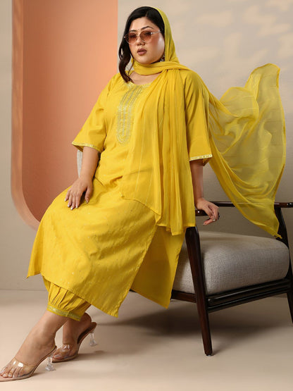 Dhiyona Women's Plus Size Ethnic Motifs Embroidered Kurta with Patiala & Dupatta