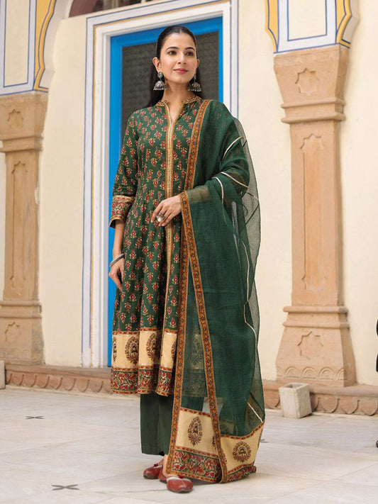 Dhiyona RR Women's Ethnic Motifs Printed Cotton Anarkali Kurta with Trousers & Dupatta