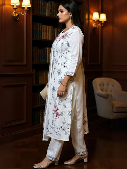 Floral Printed Round Neck Straight Kurta With Trousers & Dupatta