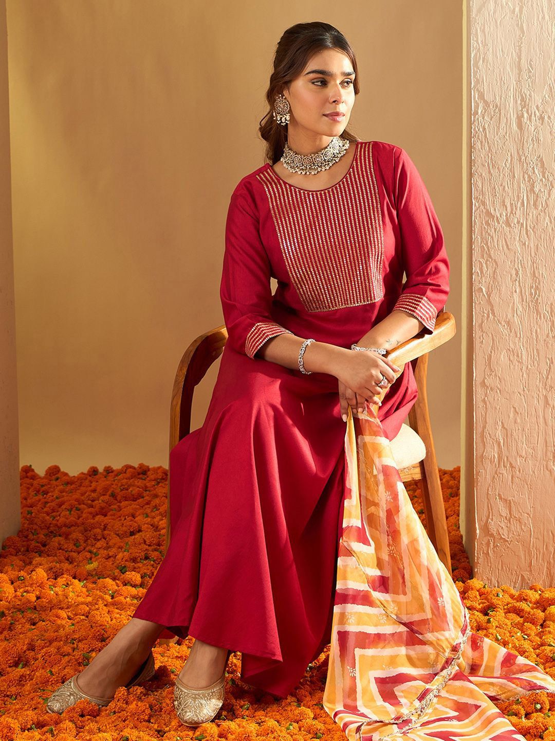 Chevron Embroidered Sequinned Liva A-Line Kurta With Trousers & With Dupatta