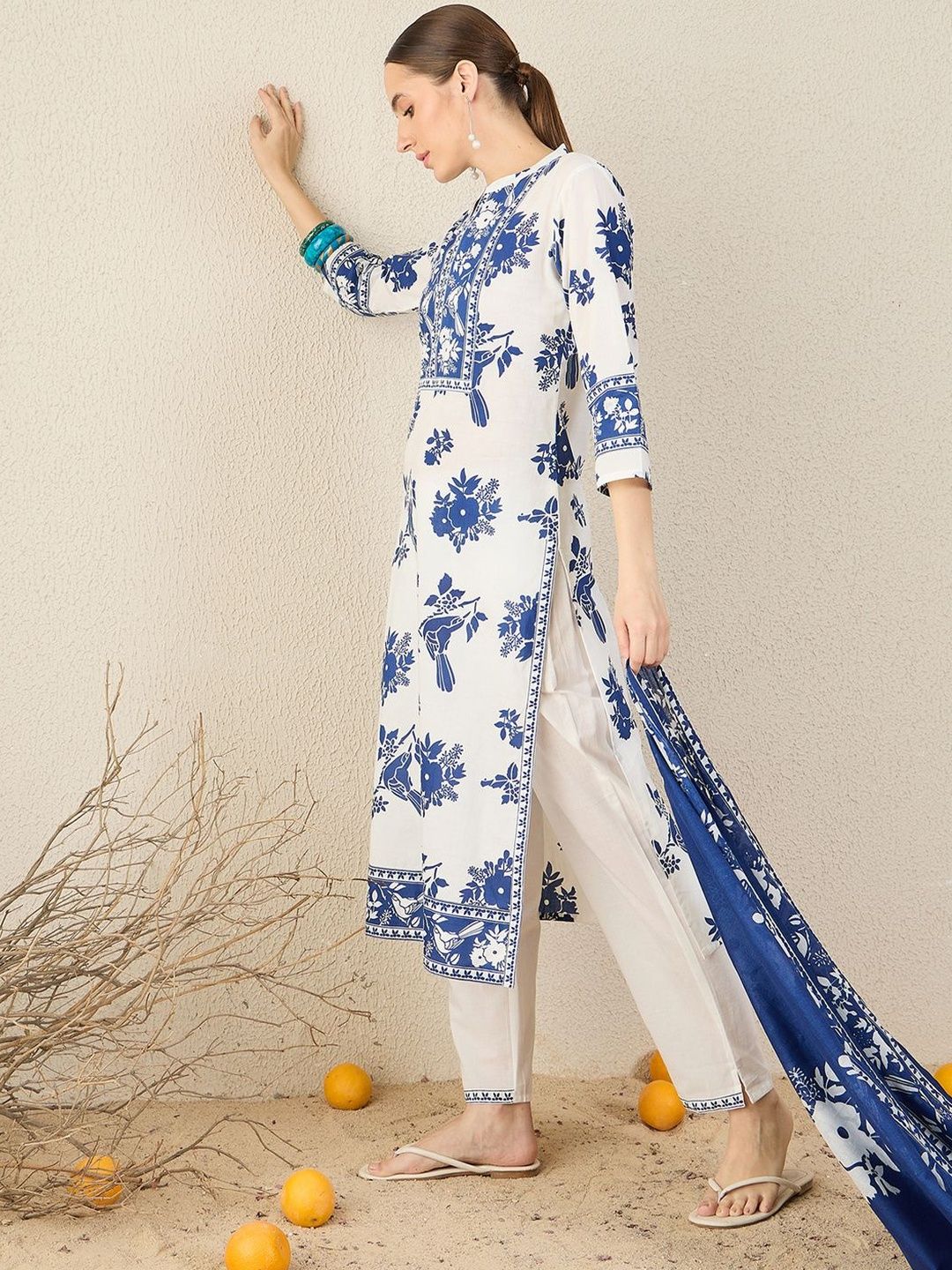 Women Floral Printed Cotton Kurta with Trousers & Dupatta