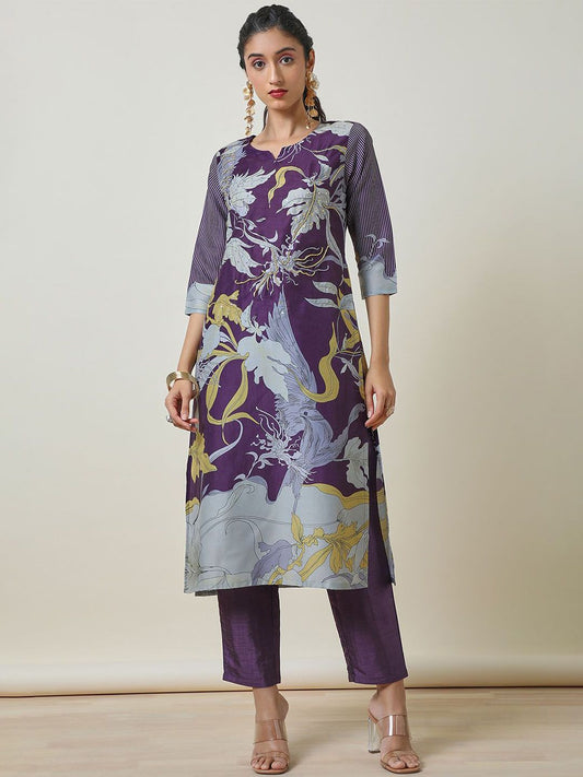 Dhiyona SO Women's Floral Printed Beads & Stones Notch Neck Straight Kurta with Trousers