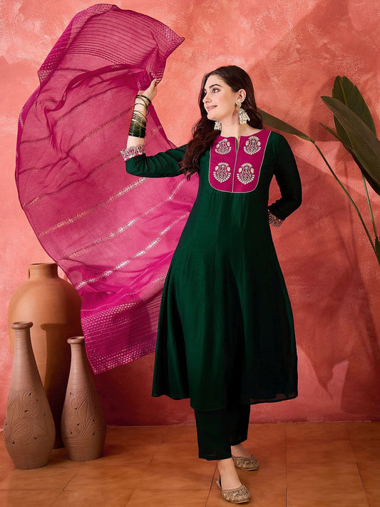 Dhiyona SN Women's Zari Sequence Thread Embroidery Kurta With Trousers & Dupatta