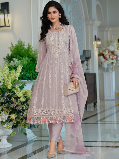Adults-Women Woven Design Embroidered Anarkali Kurta with Trousers & Dupatta