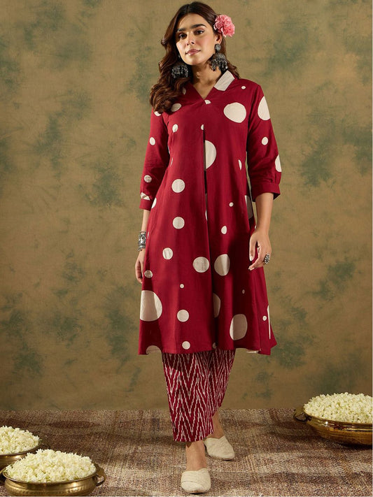 Dhiyona IE V-Neck Printed Pleated Pure Cotton A-Line Kurta with Trousers