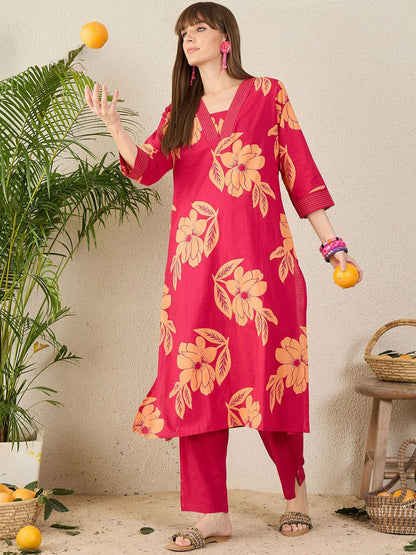 Dhiyona IE Floral Printed Pure Cotton V-Neck Tunic With Trousers Co-Ords