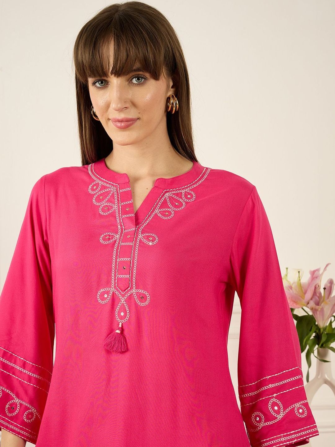 Floral Printed Thread Work Pure Cotton Kurta With Palazzos