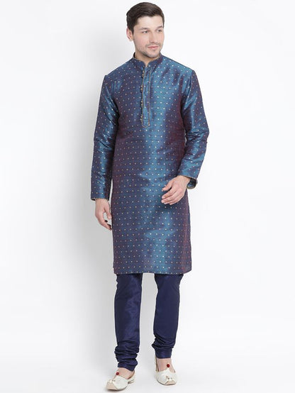 Men's Blue Silk Blend Straight Kurta Pyjama Set
