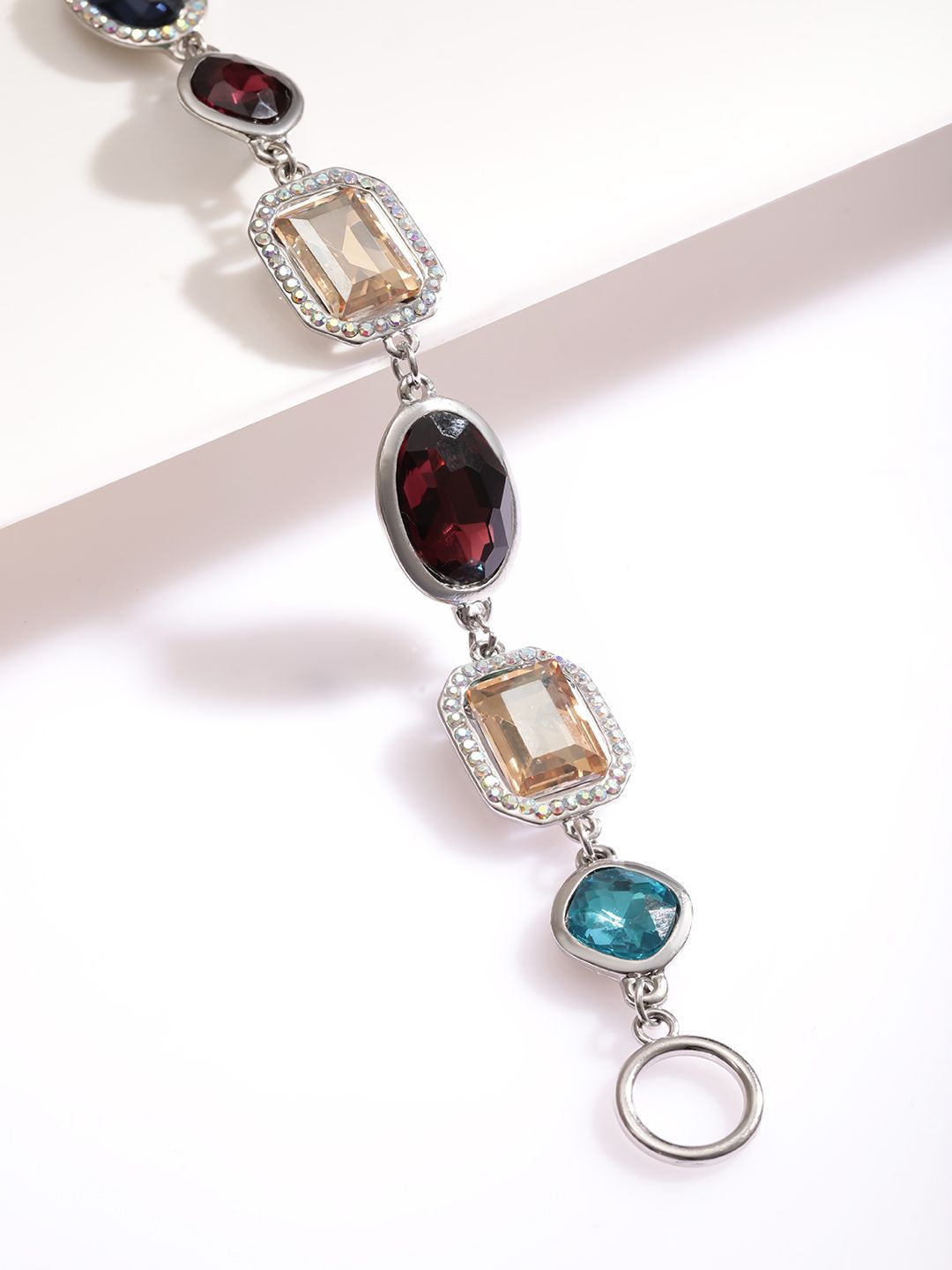 Dhiyona RJ Women's Rhodium-Plated Statement Link Bracelet with Multicolor Cubic Zirconia Gemstones
