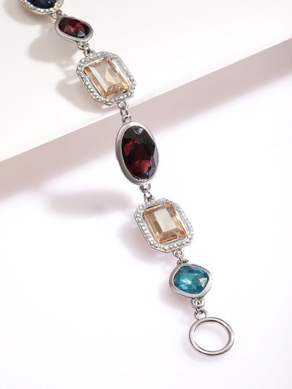 Dhiyona RJ Women's Rhodium-Plated Statement Link Bracelet with Multicolor Cubic Zirconia Gemstones
