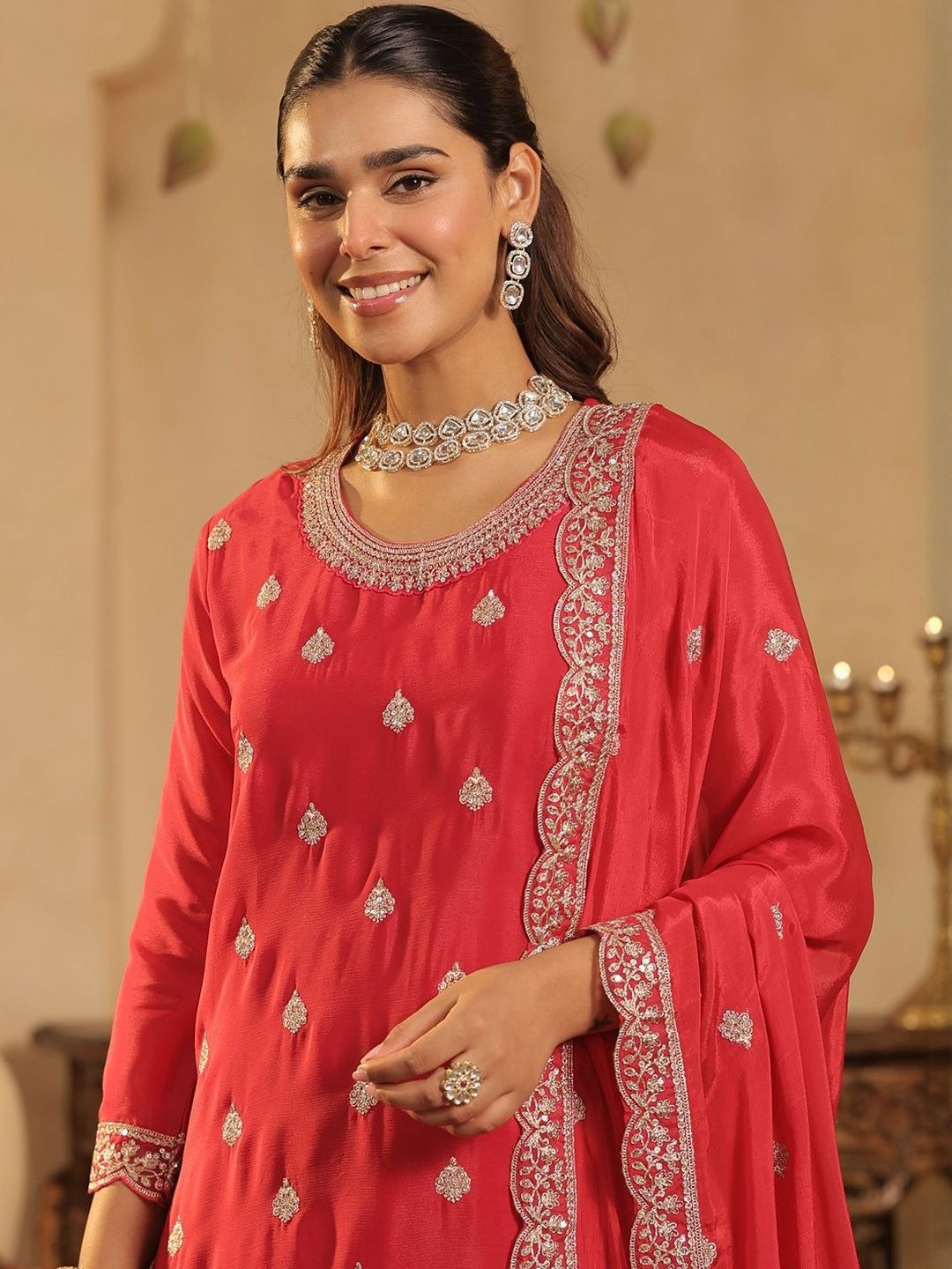 Ethnic Motifs Embroidered Straight Chinon Kurta & Palazzos With Dupatta