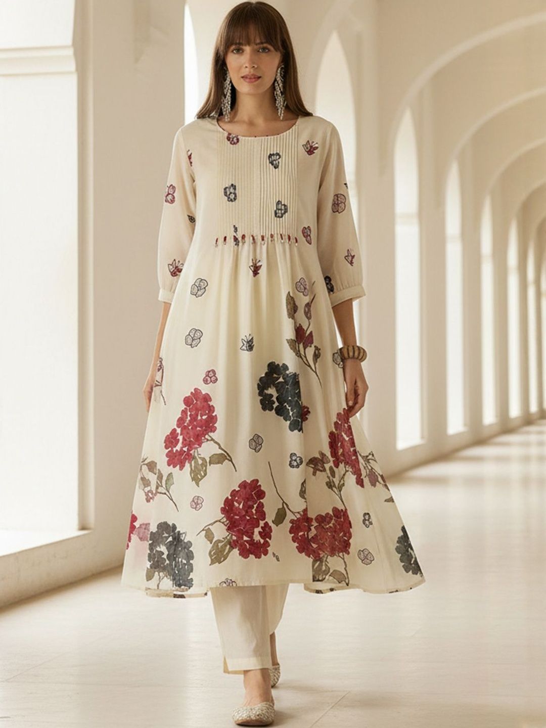 Dhiyona IE Floral Printed Regular Pure Cotton A-Line Kurta With Trousers