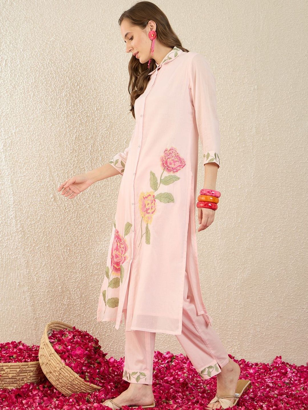 Dhiyona IE Printed Shirt Collar Three-Quarter Sleeves Pure Cotton Top With Trousers