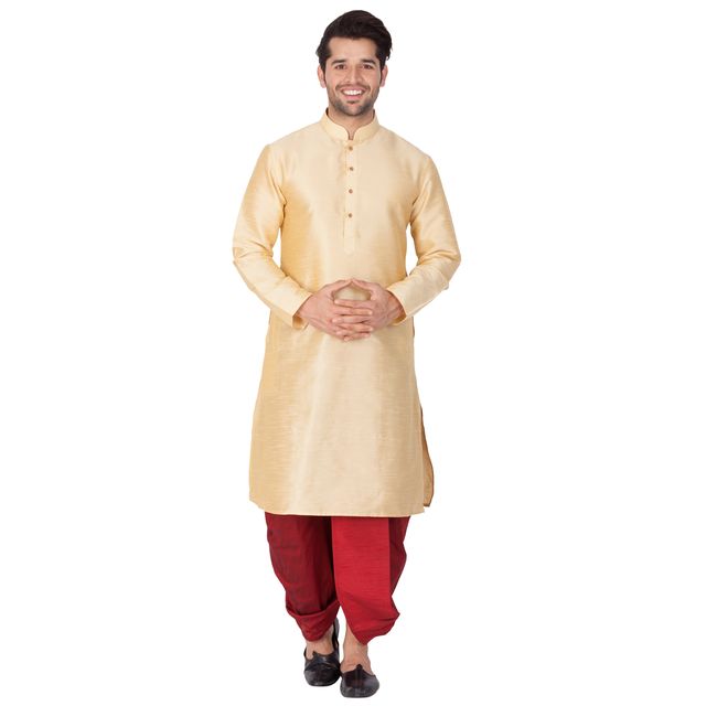 Men's Gold Silk Blend Straight Kurta and Dhoti Set