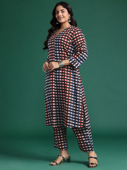Pleated Checked Cotton Kurta with Palazzos
