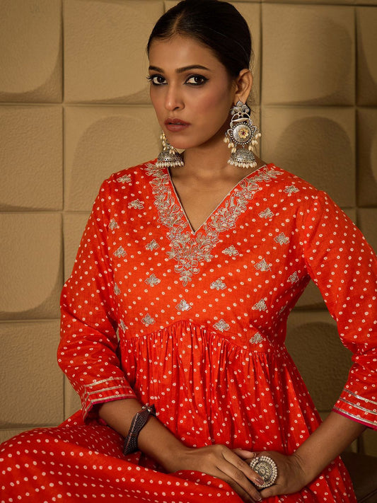 Dhiyona IE Bandhani Embroidered Empire Sequined A-Line Pure Cotton Kurta With Trousers
